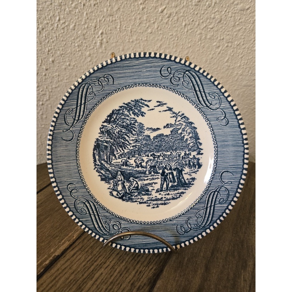 Vintage Currier & Ives 6-1/4" Bread Plate Harvest Gathering The Wheat Blue/White